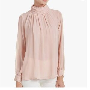 VINCE CAMITO SHEER LONG SLEEVE RUFFLE NECK BLOUSE IN ROSY FLUSH SIZE SMALL